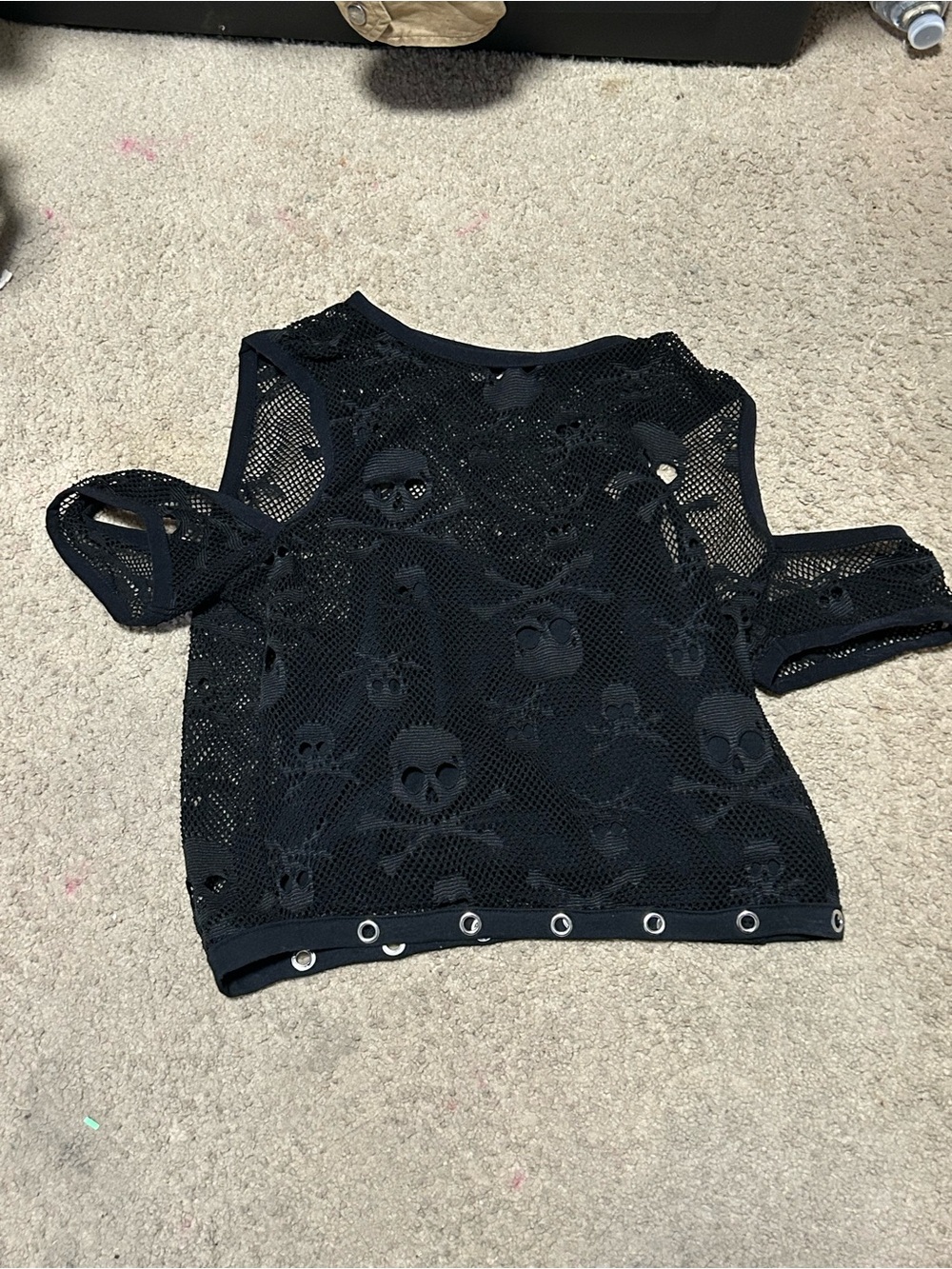 Black Mesh Skull Cold-Shoulder Tank Top with Grommet Hem